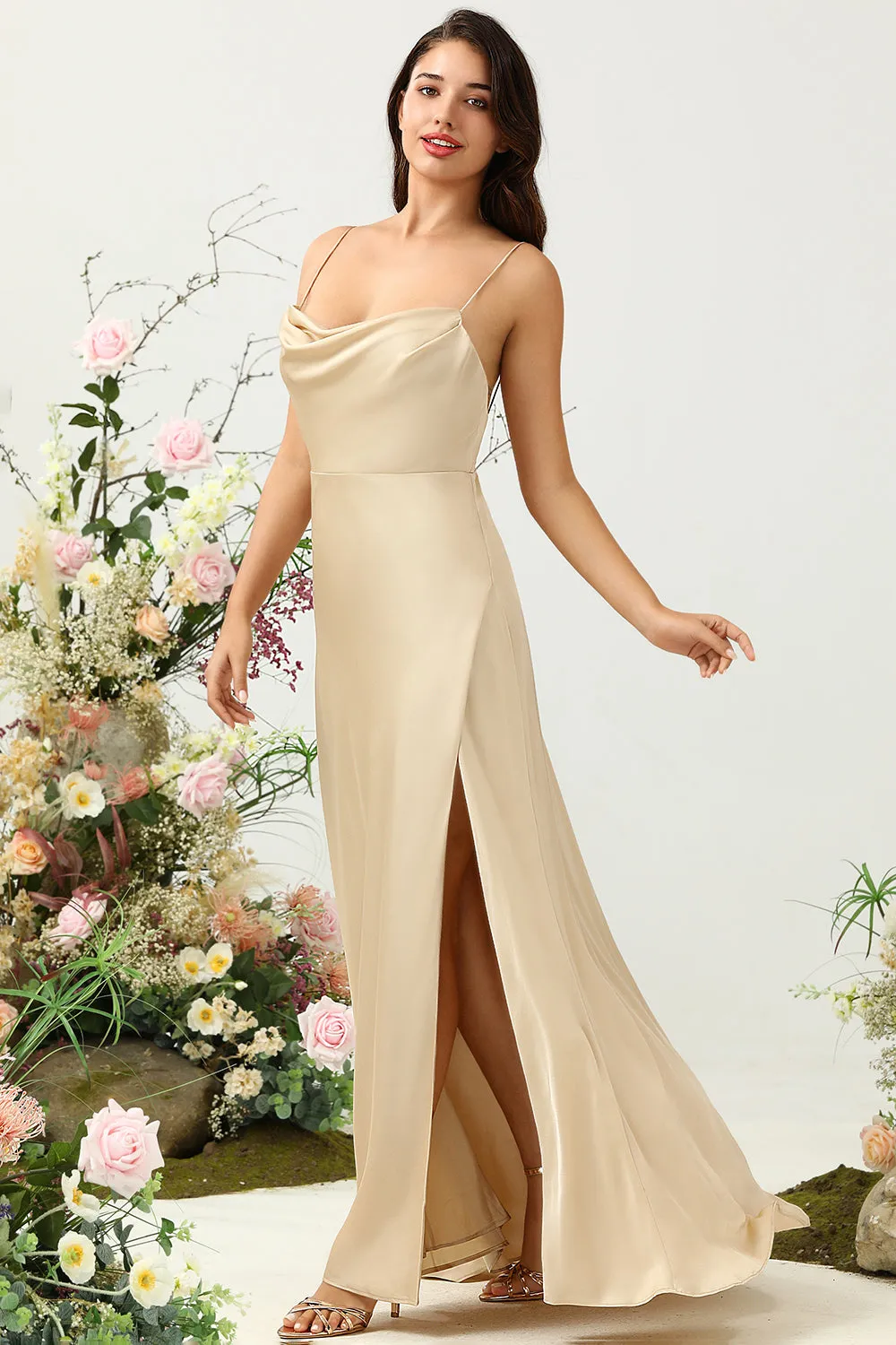 Spaghetti Straps Champagne Wedding Guest Dress with Slit sold by Zapaka product image thumbnail 3