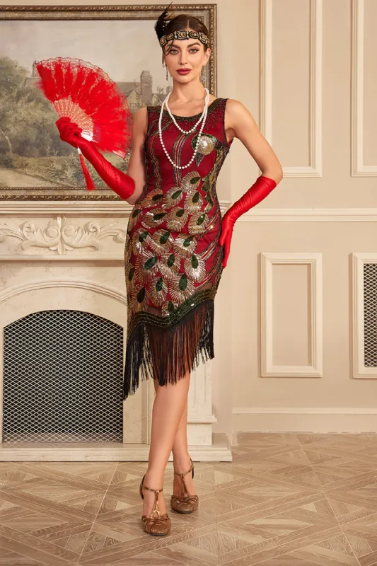 Sparkly Burgundy Sequins Fringed 1920s Great Gatsby Flapper Dress sold by Zapaka