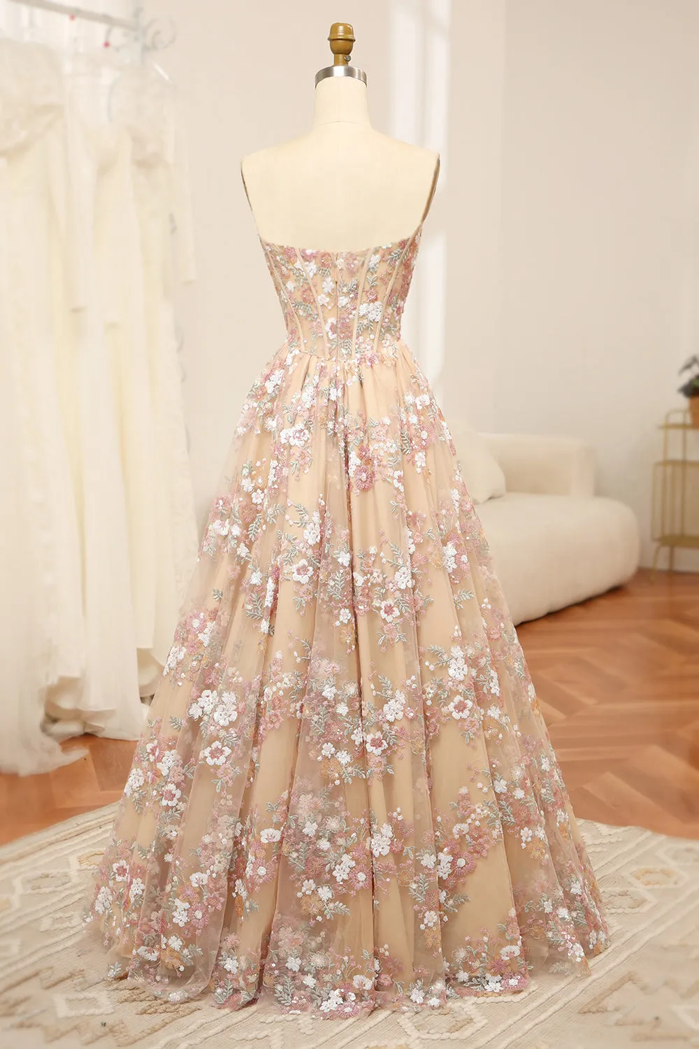 Luxurious Champagne A Line Sweetheart Corset Prom Dress with Appliques sold by Zapaka product image thumbnail 3