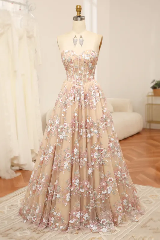 Luxurious Champagne A Line Sweetheart Corset Prom Dress with Appliques sold by Zapaka