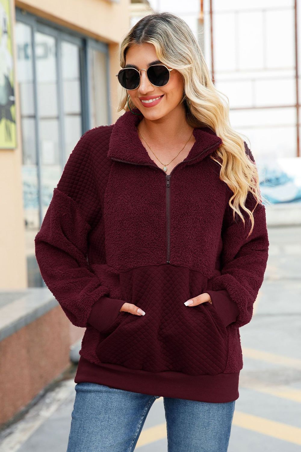 Burgundy Fleece Sweatshirt Jacket with Zip Pockets sold by Zapaka