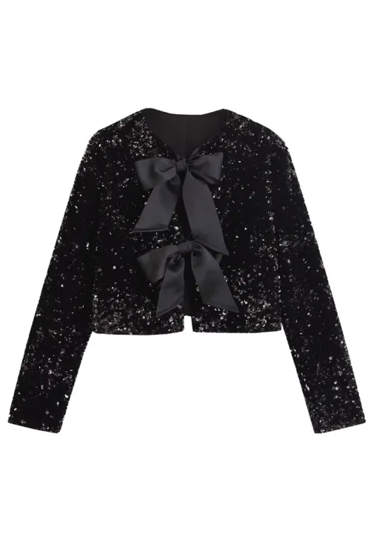 Sparkly Black Sequins Cropped Women Blazer with Bowknot sold by Zapaka