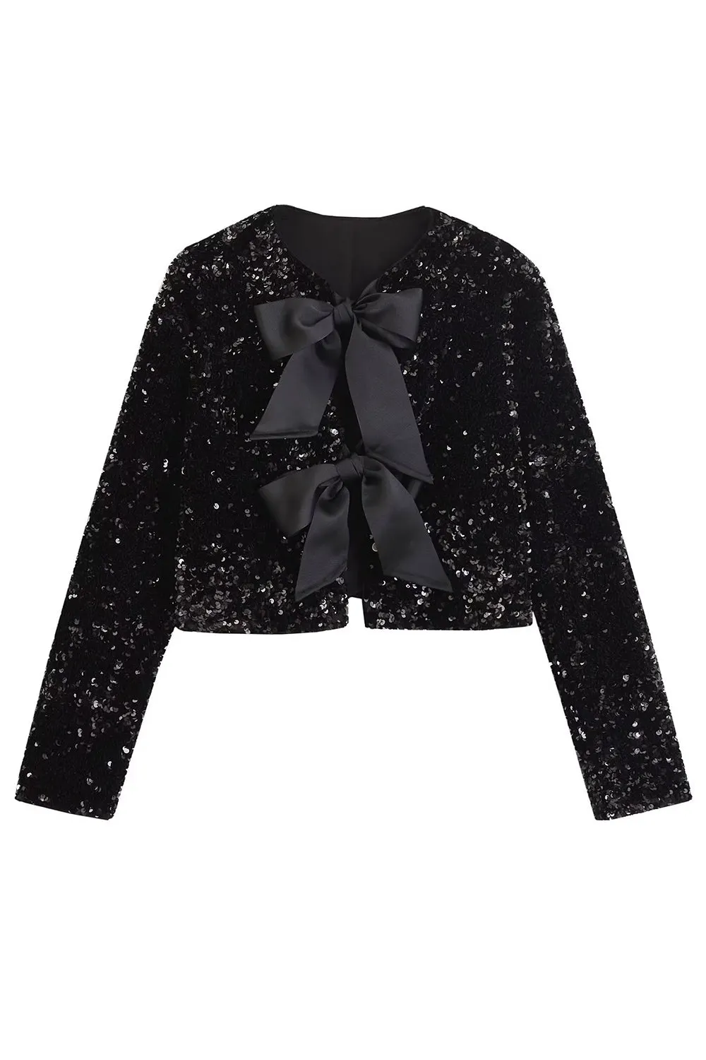 Sparkly Black Sequins Cropped Women Blazer with Bowknot sold by Zapaka