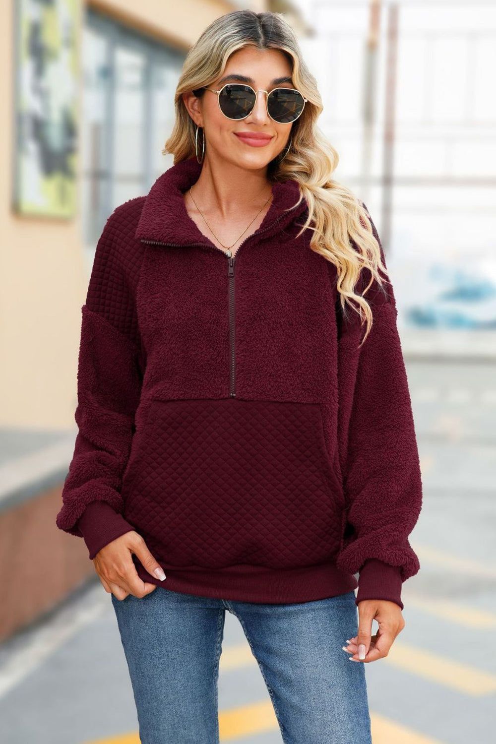 Burgundy Fleece Sweatshirt Jacket with Zip Pockets sold by Zapaka product image thumbnail 5