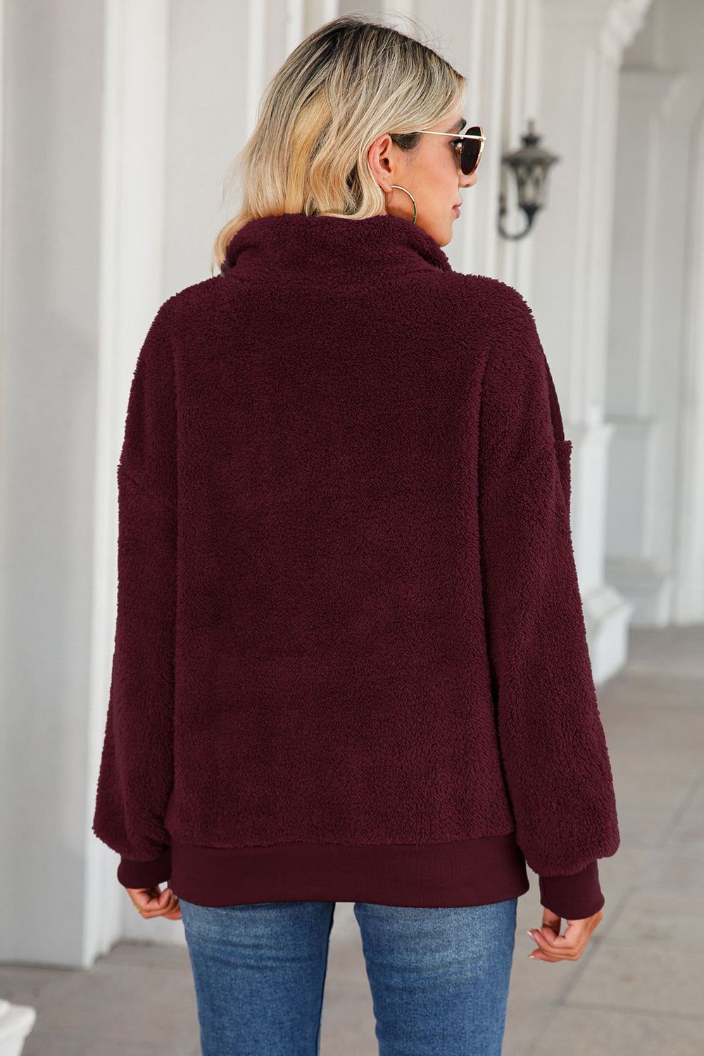 Burgundy Fleece Sweatshirt Jacket with Zip Pockets sold by Zapaka product image thumbnail 2