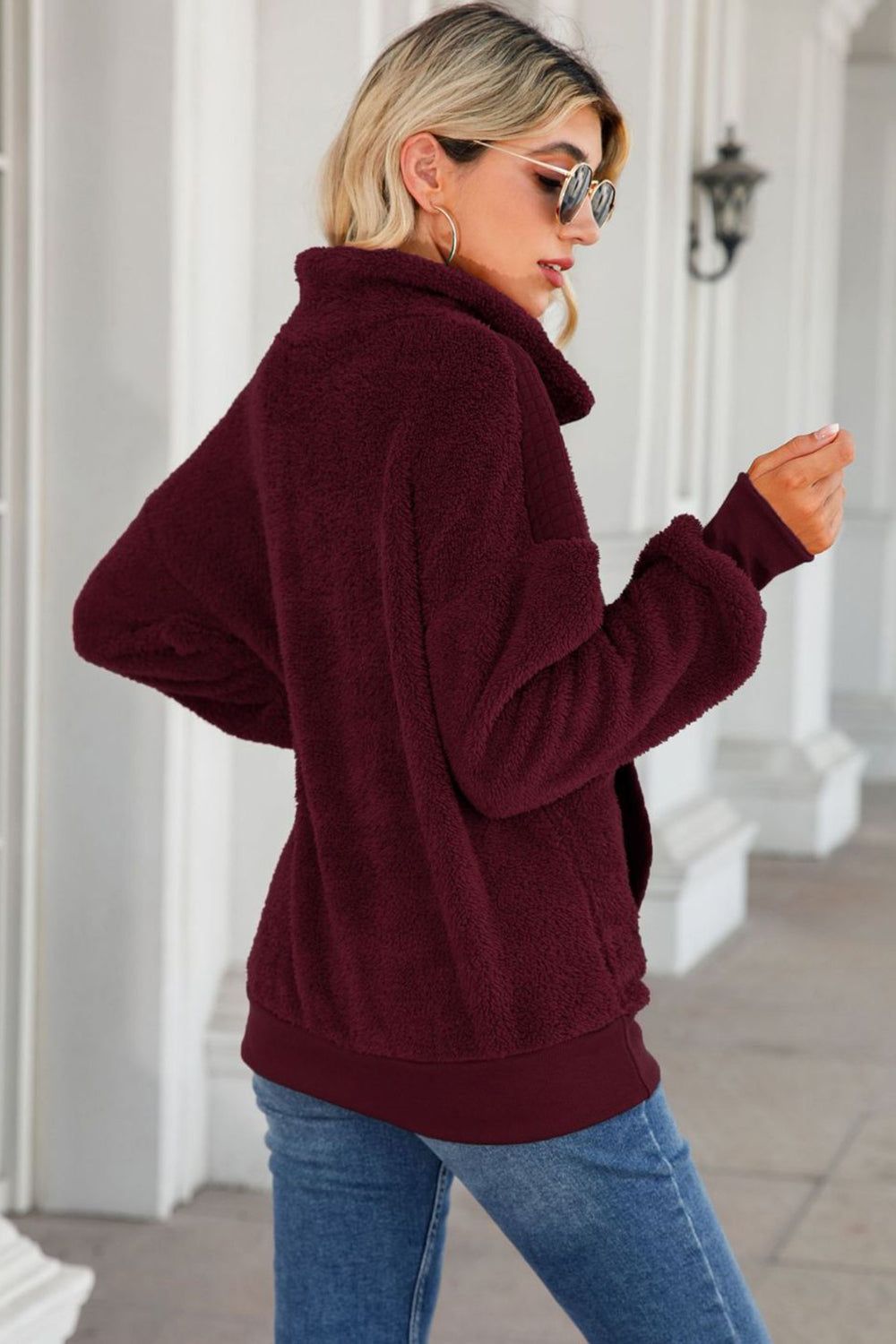 Burgundy Fleece Sweatshirt Jacket with Zip Pockets sold by Zapaka product image thumbnail 3