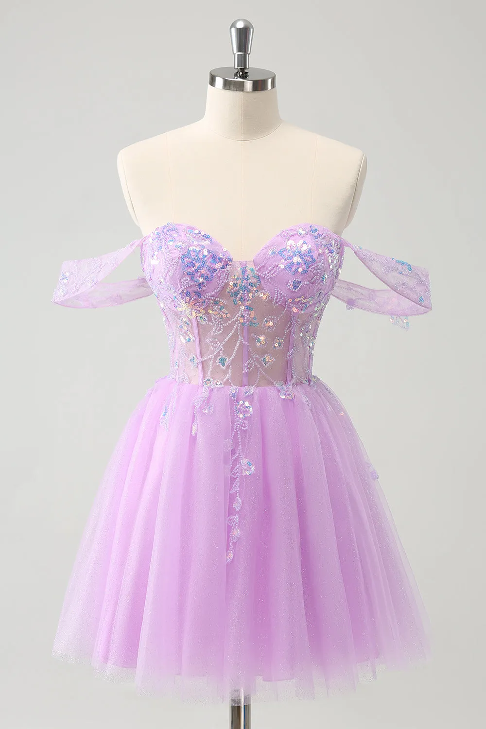 A Line Lilac Off the Shoulder Sequined Homecoming Dress sold by Zapaka