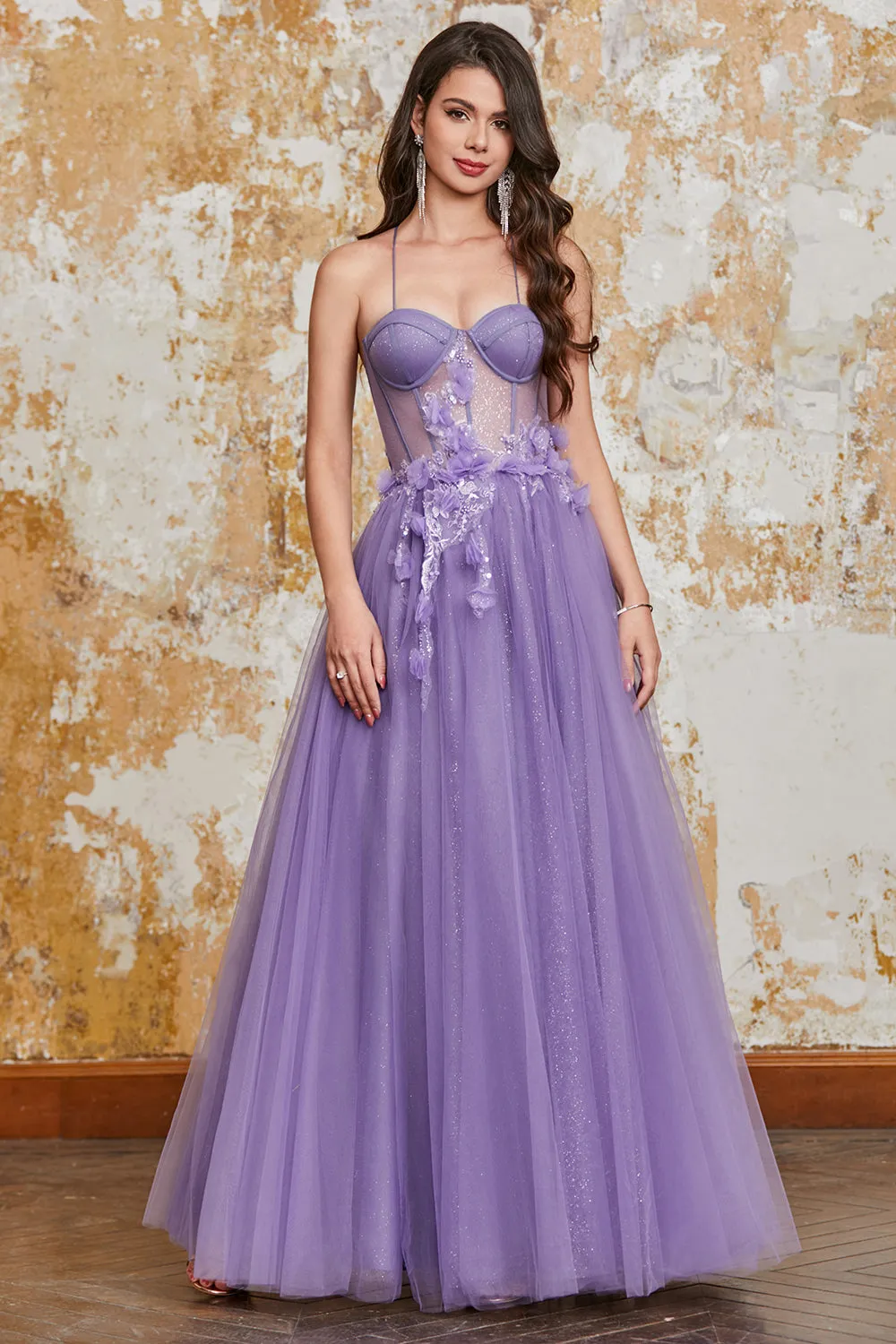 A-Line Spaghetti Straps Purple Corset Prom Dress with 3D Flowers sold by Zapaka