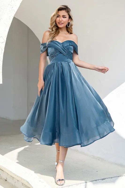 Princess A Line Off the Shoulder Grey Blue Prom Party Dress sold by Zapaka