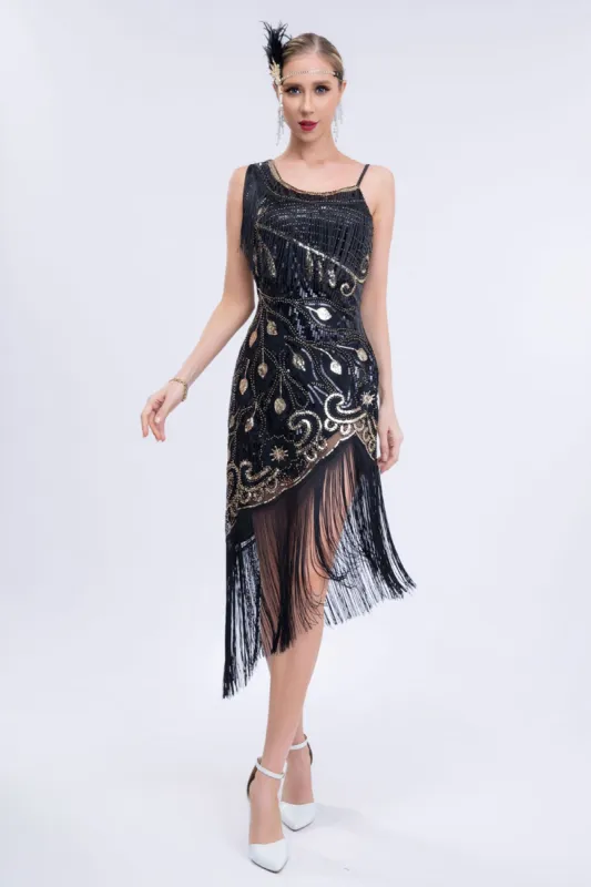 Asymmetrical Black Glitter 1920s Dress with Fringes made by Zapaka