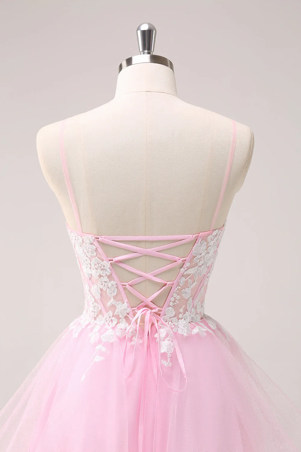 Pink A Line Spaghetti Straps Tulle Corset Homecoming Dress with Appliques sold by Zapaka product image thumbnail 5