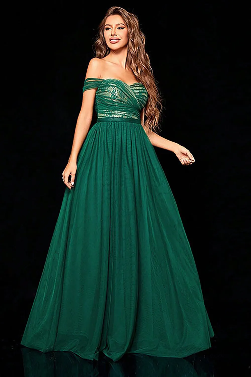 Dark Green A Line Tulle Off the Shoulder Prom Dress sold by Zapaka product image thumbnail 5