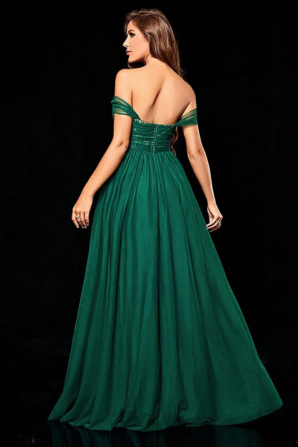 Dark Green A Line Tulle Off the Shoulder Prom Dress sold by Zapaka product image thumbnail 2