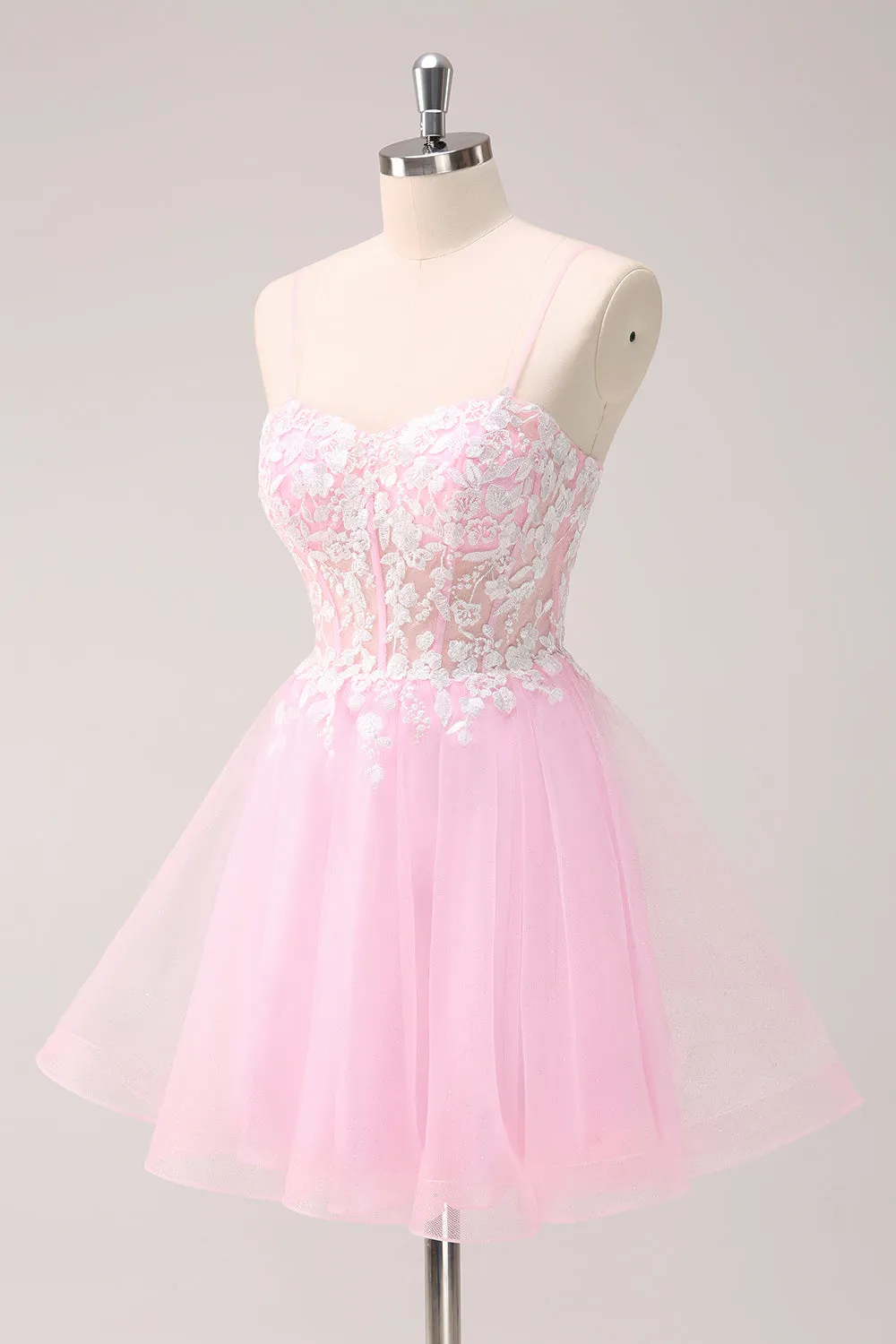 Pink A Line Spaghetti Straps Tulle Corset Homecoming Dress with Appliques sold by Zapaka product image thumbnail 3