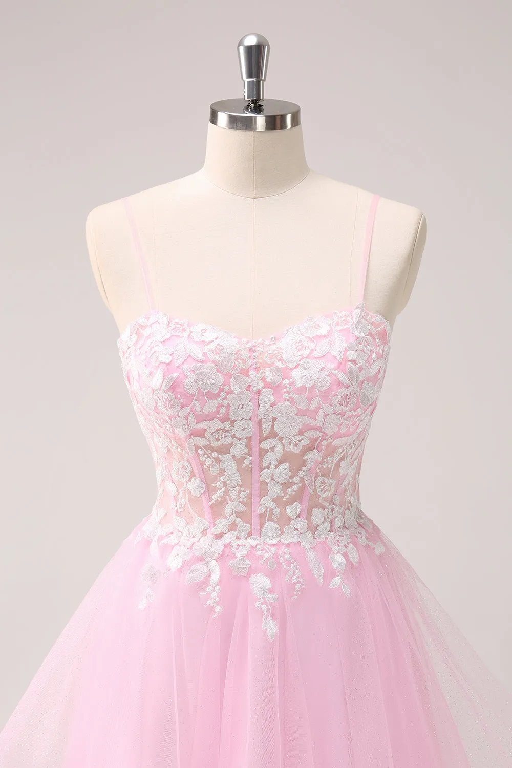 Pink A Line Spaghetti Straps Tulle Corset Homecoming Dress with Appliques sold by Zapaka product image thumbnail 4