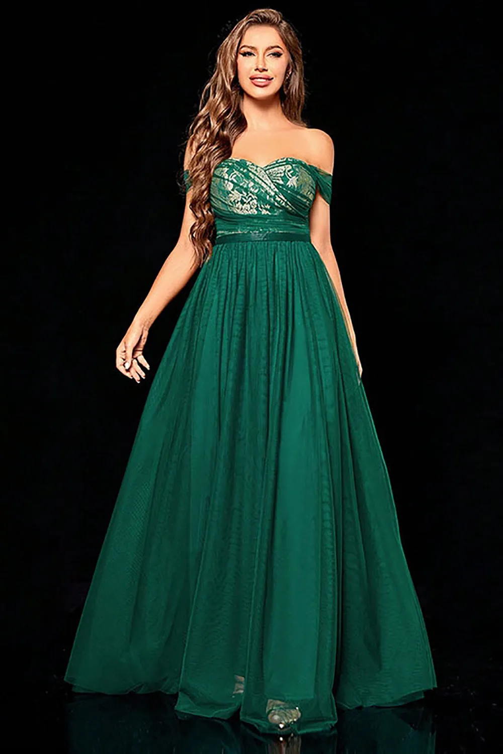 Dark Green A Line Tulle Off the Shoulder Prom Dress sold by Zapaka product image thumbnail 4