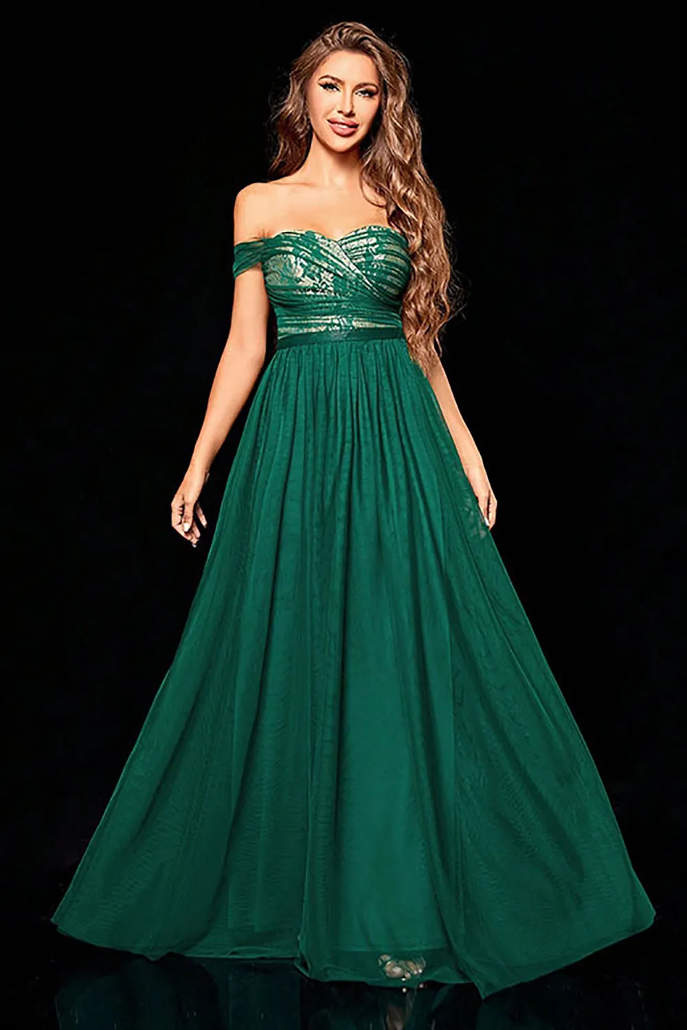 Dark Green A Line Tulle Off the Shoulder Prom Dress sold by Zapaka