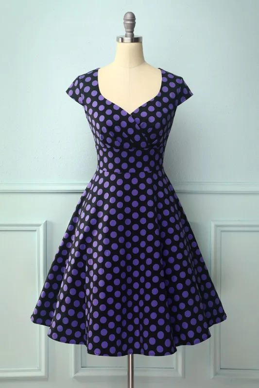 V-neck Black Purple Dots Dress sold by Zapaka
