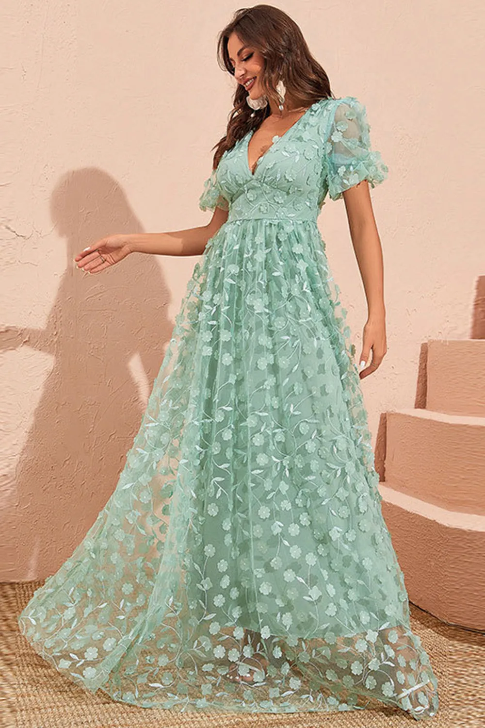 Green A Line Puff Sleeves Prom Dress with Appliques sold by Zapaka product image thumbnail 3