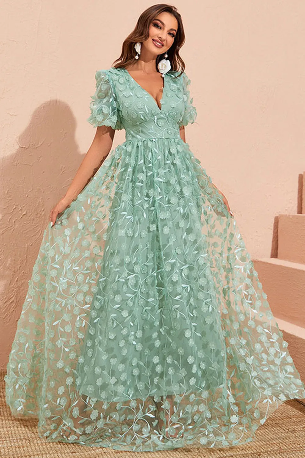 Green A Line Puff Sleeves Prom Dress with Appliques sold by Zapaka