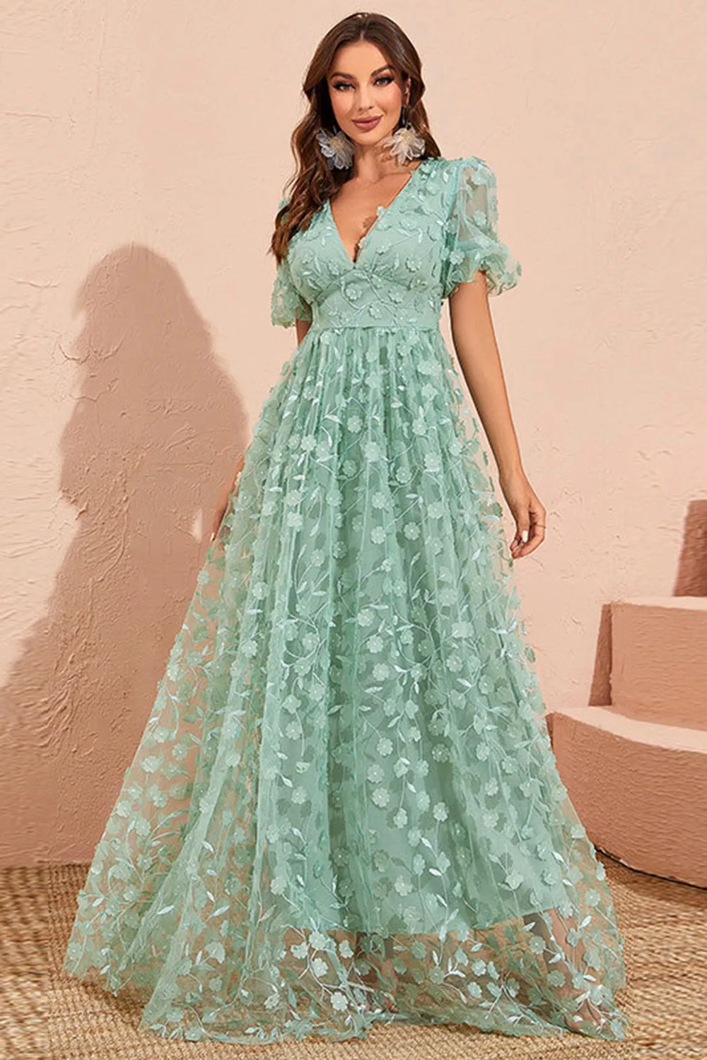 Green A Line Puff Sleeves Prom Dress with Appliques sold by Zapaka product image thumbnail 5