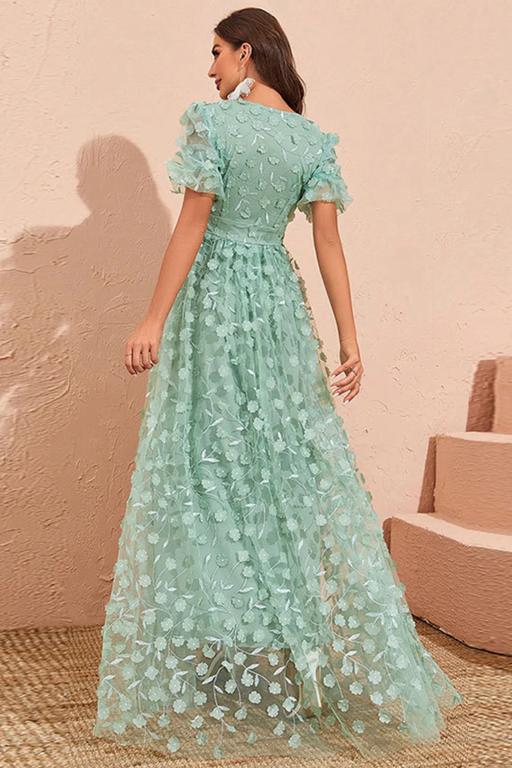 Green A Line Puff Sleeves Prom Dress with Appliques sold by Zapaka product image thumbnail 2