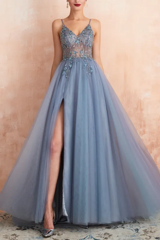 Blue A Line Spaghetti Straps Slit Tulle Prom Dress with Slit sold by Zapaka