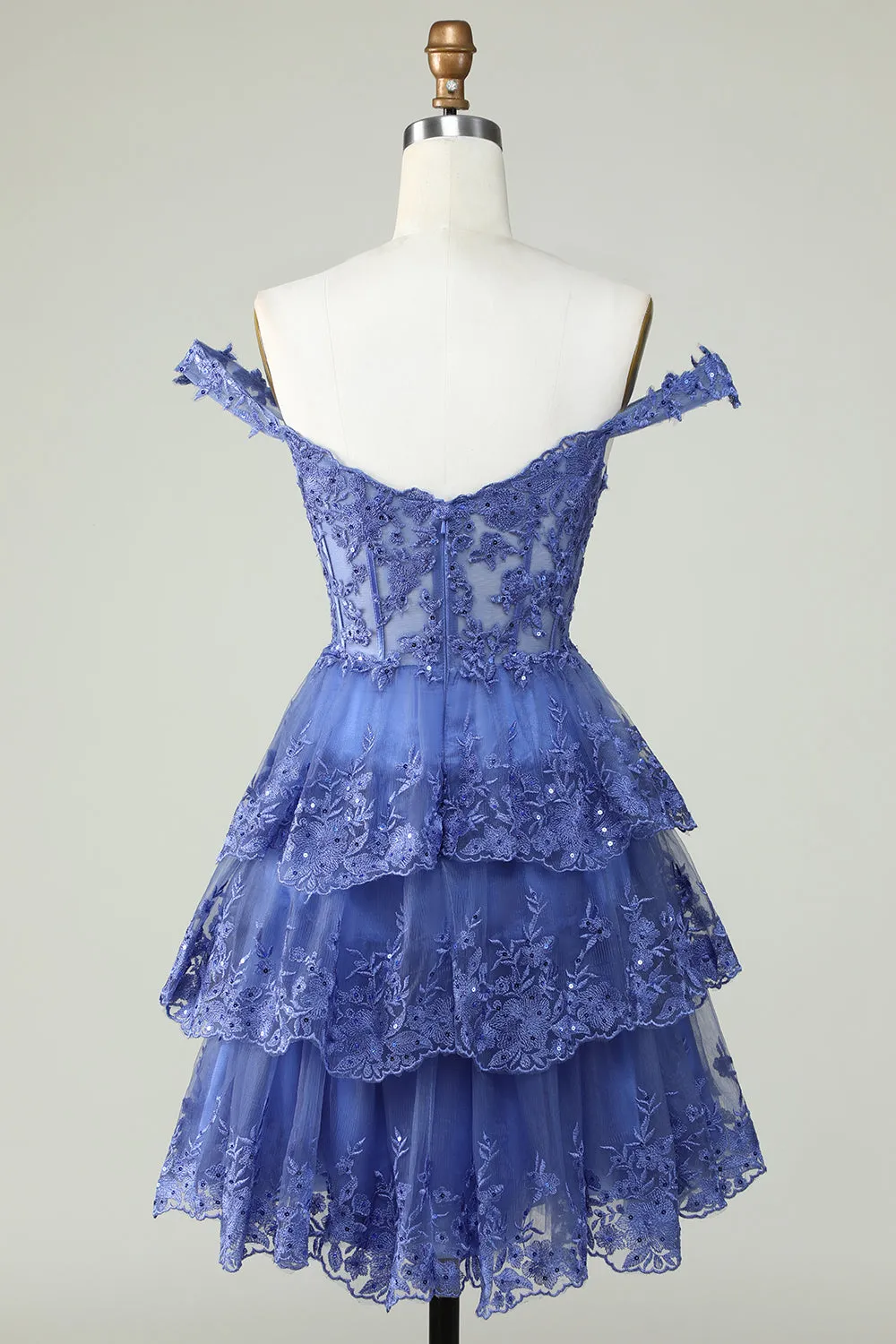 Cute A Line Dark Blue Corset Tiered Short Homecoming Dress with Lace sold by Zapaka product image thumbnail 2