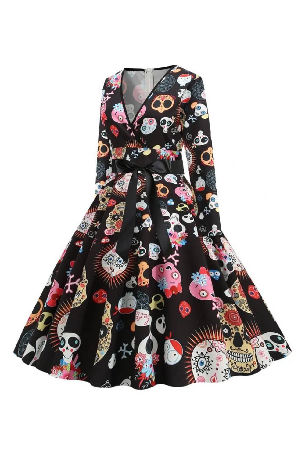 Printed V-Neck Long Sleeve Halloween Dress with Belt sold by Zapaka product image thumbnail 3