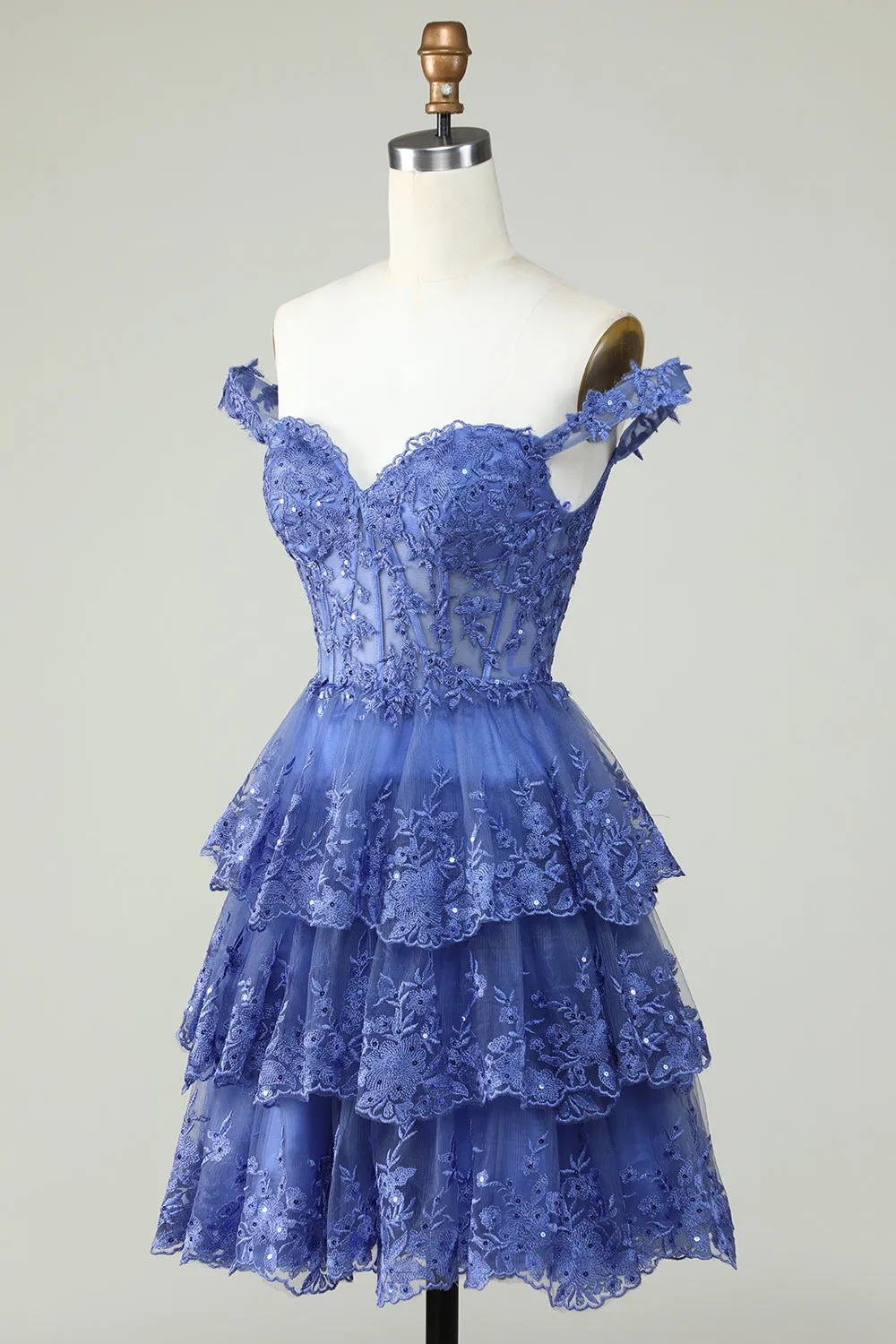 Cute A Line Dark Blue Corset Tiered Short Homecoming Dress with Lace sold by Zapaka product image thumbnail 3