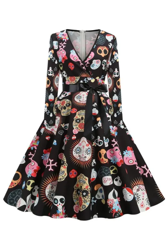 Printed V-Neck Long Sleeve Halloween Dress with Belt made by Zapaka