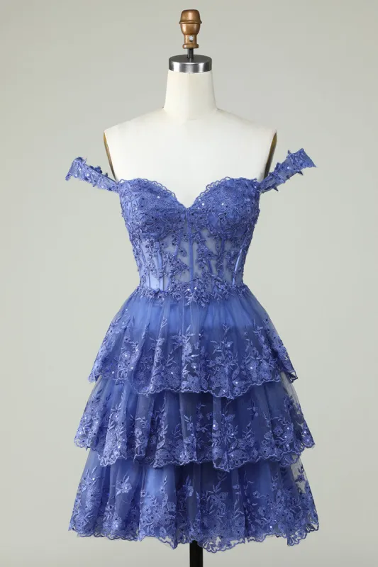 Cute A Line Dark Blue Corset Tiered Short Homecoming Dress with Lace made by Zapaka