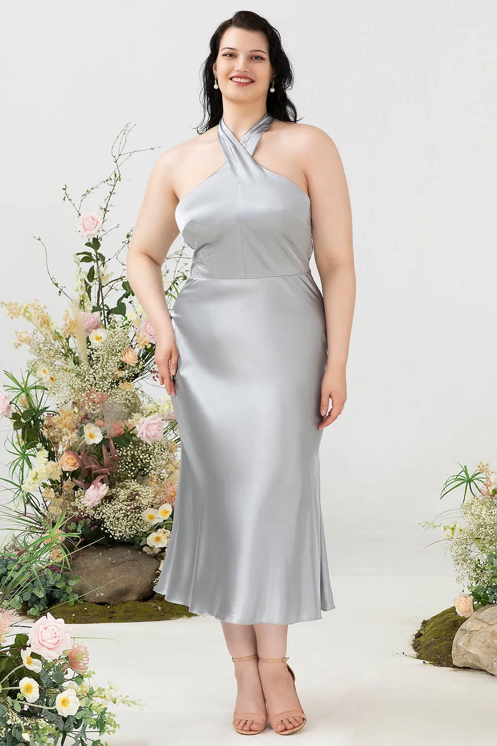 Sheath Halter Neck Silver Plus Size Wedding Guest Dress sold by Zapaka product image thumbnail 4