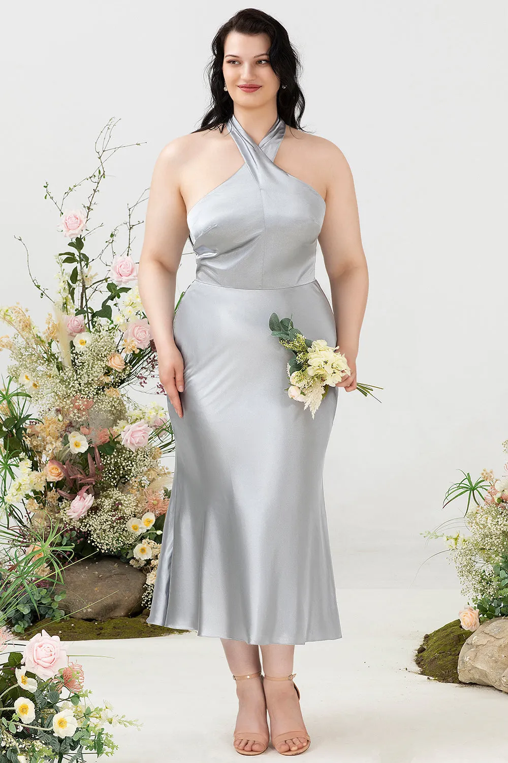 Sheath Halter Neck Silver Plus Size Wedding Guest Dress sold by Zapaka