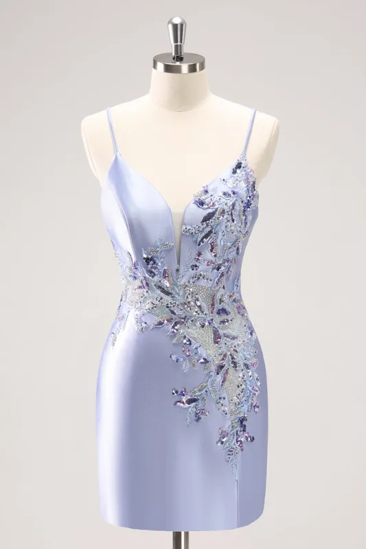 Sparkly Blue Sequined Floral Tight Short Homecoming Dress with Beading sold by Zapaka
