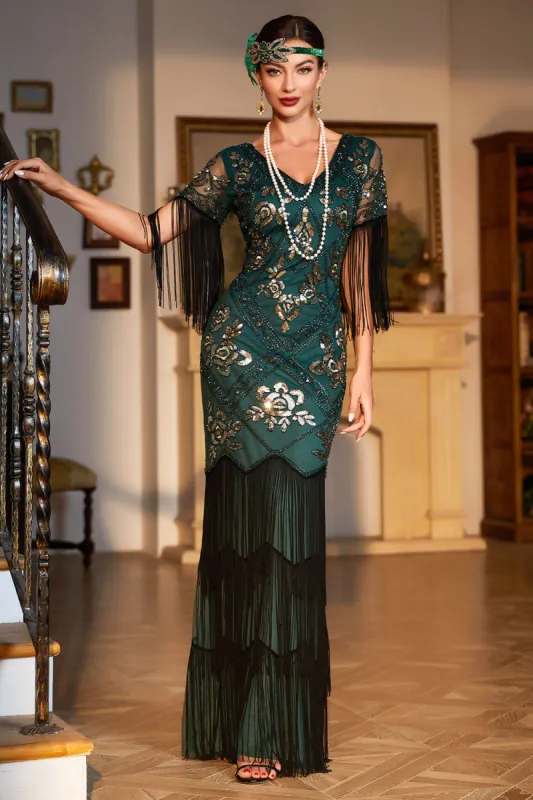 Sheath V Neck Dark Green Sequins Long 1920s Flapper Dress with Fringes sold by Zapaka