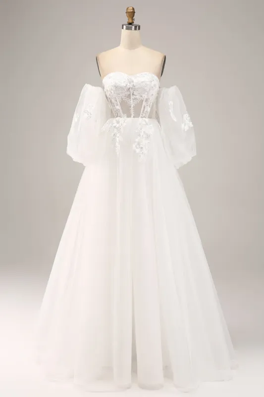 Off the Shoulder Tulle Wedding Dress with Appliques sold by Zapaka