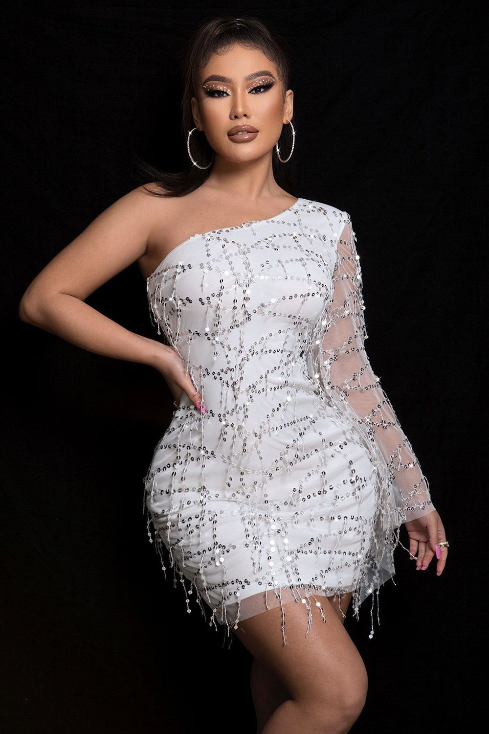 White One Shoulder Sequins Short Party Dress sold by Zapaka