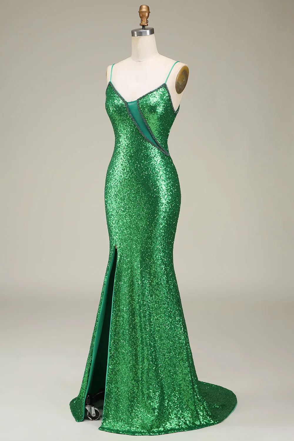 Sparkly Mermaid Spaghetti Straps Green Sequins Long Prom Dress with Split Front sold by Zapaka product image thumbnail 3
