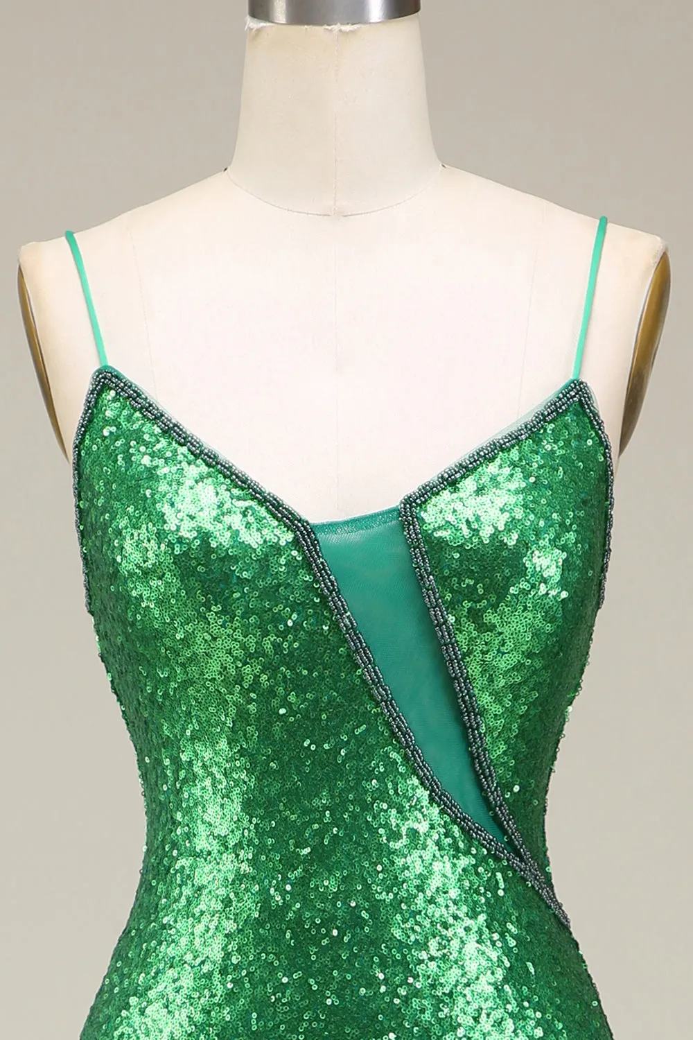 Sparkly Mermaid Spaghetti Straps Green Sequins Long Prom Dress with Split Front sold by Zapaka product image thumbnail 4