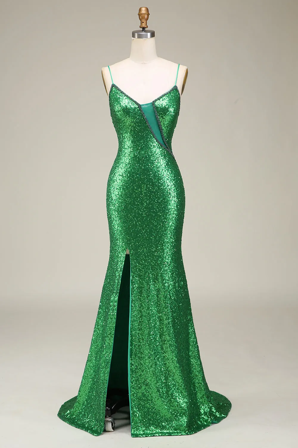 Sparkly Mermaid Spaghetti Straps Green Sequins Long Prom Dress with Split Front sold by Zapaka