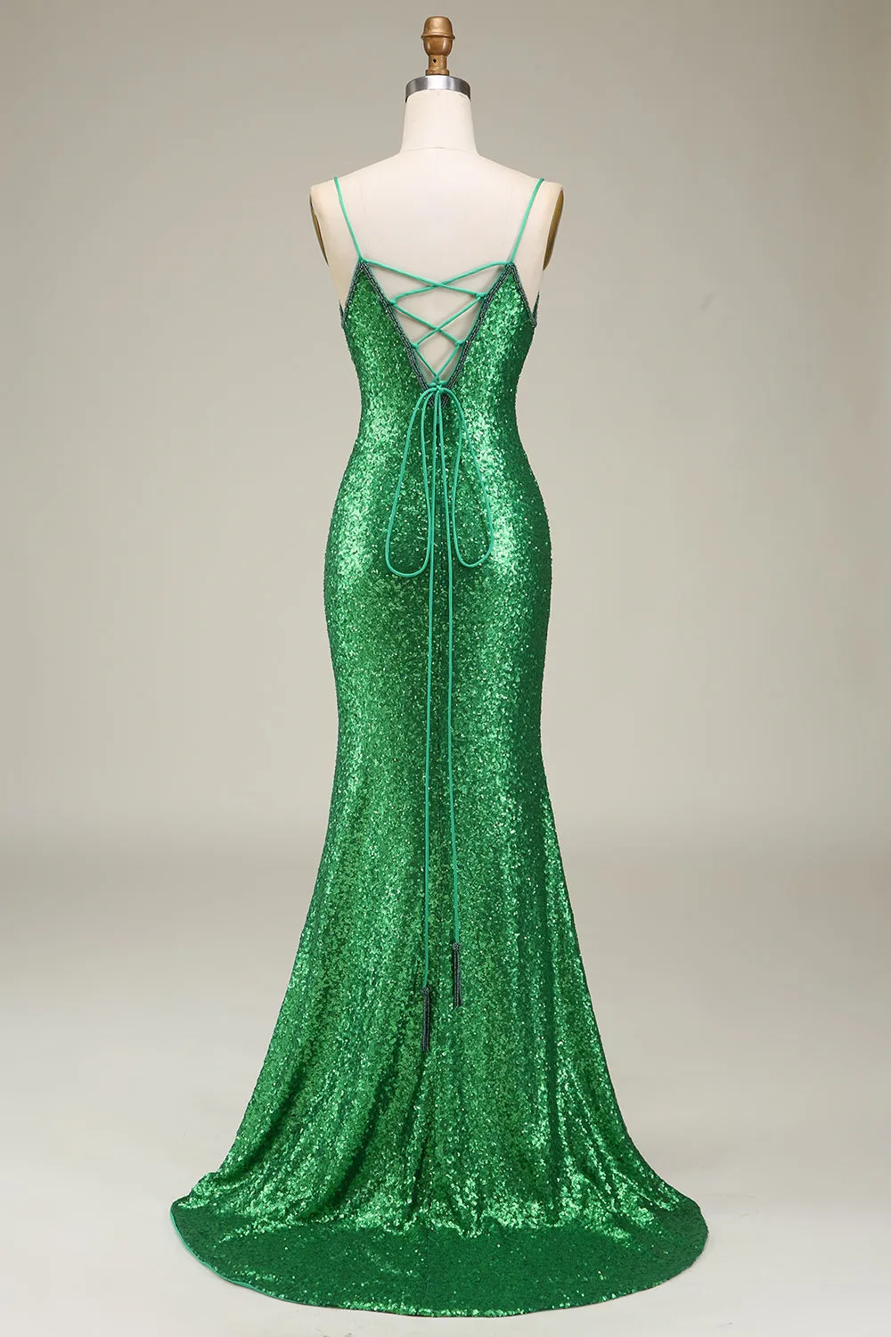 Sparkly Mermaid Spaghetti Straps Green Sequins Long Prom Dress with Split Front sold by Zapaka product image thumbnail 2