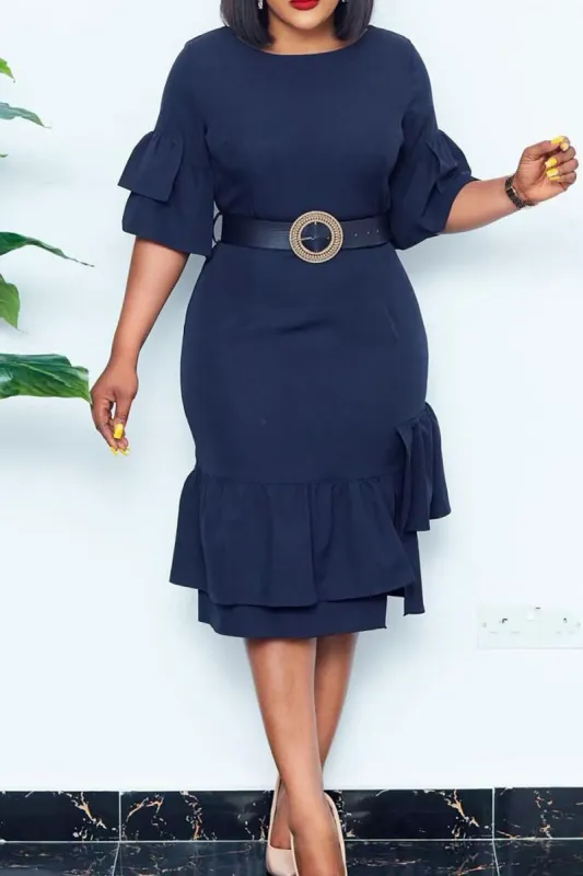 Navy Bodycon Round Neck Work Dress With Short Sleeves sold by Zapaka