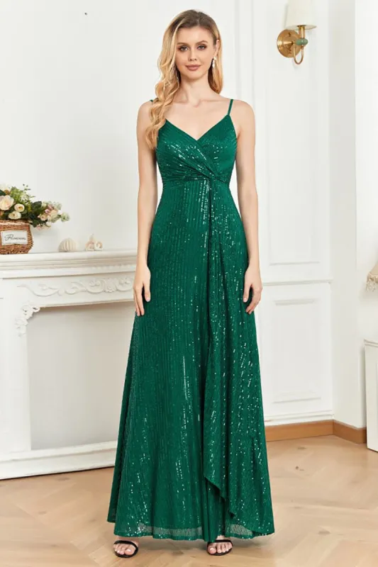 Sparkly Sequin Dark Green Spaghetti Straps Long Prom Dress sold by Zapaka