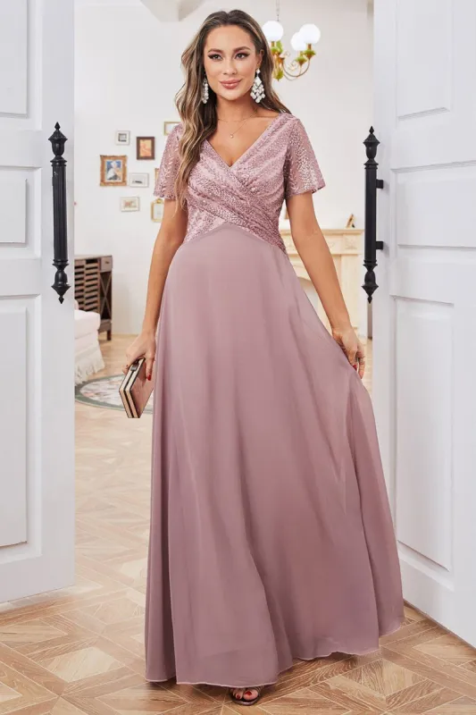 Dusty Rose A-line V-neck Short Sleeves Mother of Bride Dress sold by Zapaka