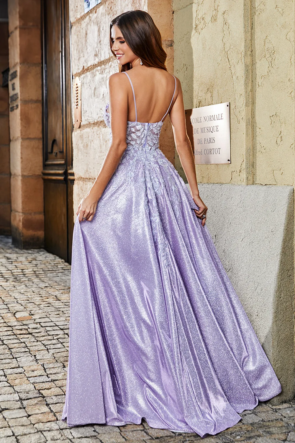 Lilac A-Line Spaghetti Straps Long Glitter Prom Dress With Beading sold by Zapaka product image thumbnail 2