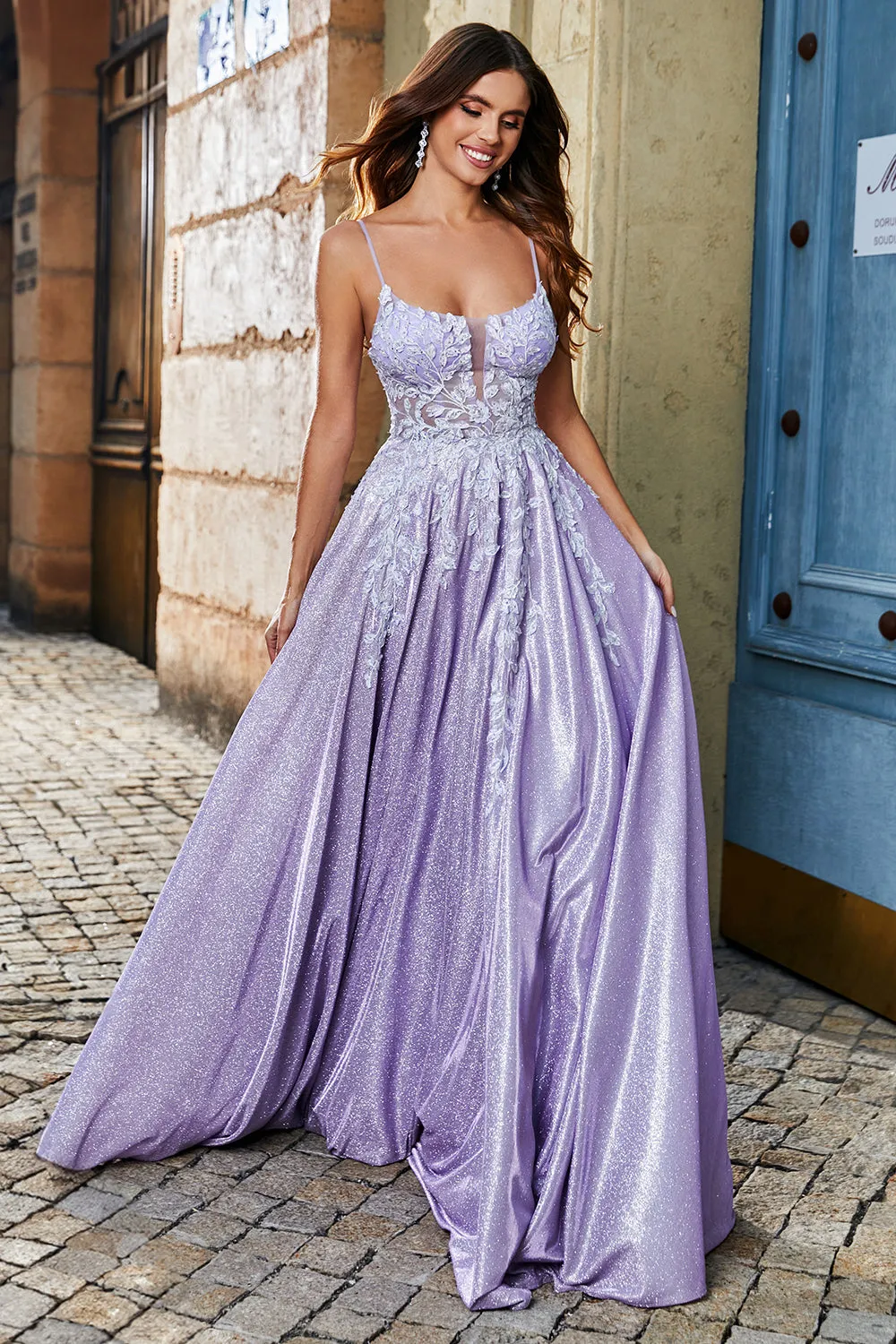 Lilac A-Line Spaghetti Straps Long Glitter Prom Dress With Beading sold by Zapaka product image thumbnail 3