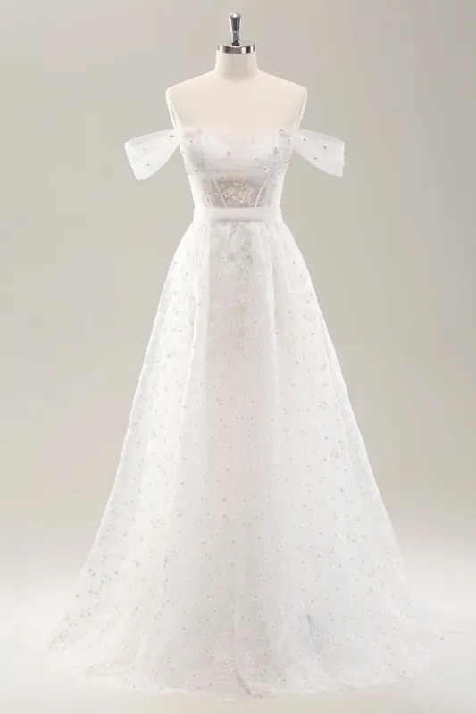 White A Line Off the Shoulder Corset Wedding Dress with Lace Up Back sold by Zapaka