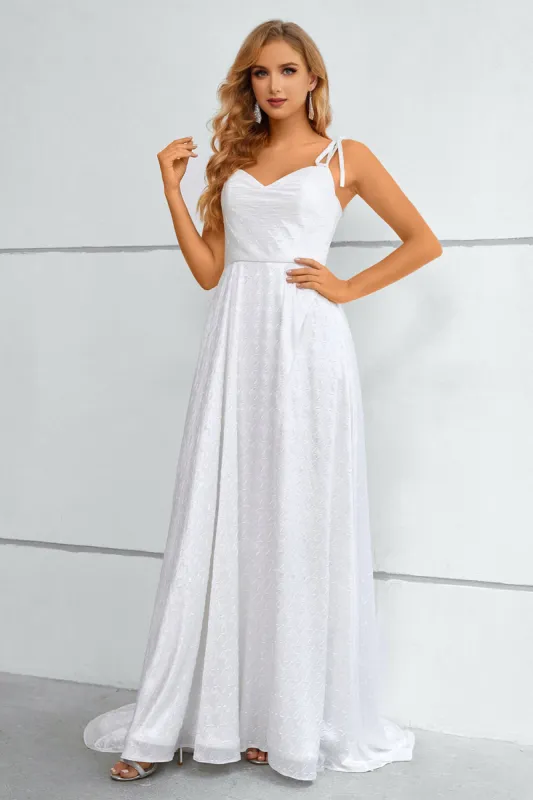 White Spaghetti Straps Bowknot Prom Dress With Slit made by Zapaka