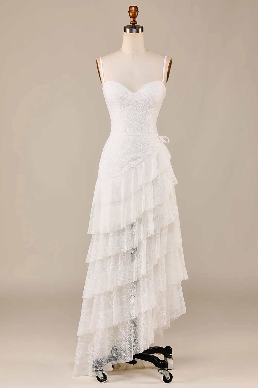 Sheath Spaghetti Straps Ivory Lace Asymmetrical Detachable Train Boho Wedding Dress sold by Zapaka
